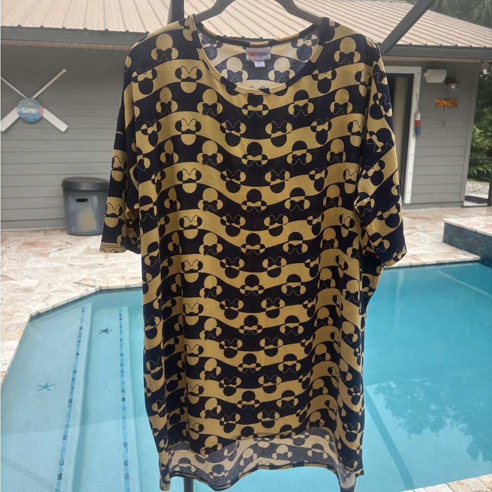 NWOT LuLaRoe Disney Irma Dark Blue and Gold Short Sleeve Tee with Minnie Mouse